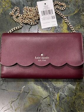 KATE SPADE Scalloped Flap Wallet Crossbody Bag Wine Color with Gold Chain NEW